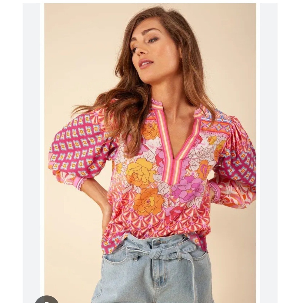 Hale Bob Martina Voile Pink Floral Cotton Split Neck Blouse Top Shirt Women's XS